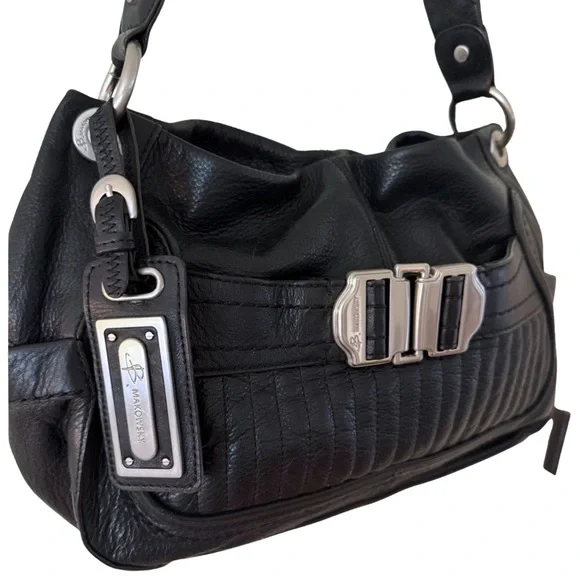 Y2K B. Makowsky Black Leather Silver Buckle Tote Shoulder Bag - Picture 3 of 7